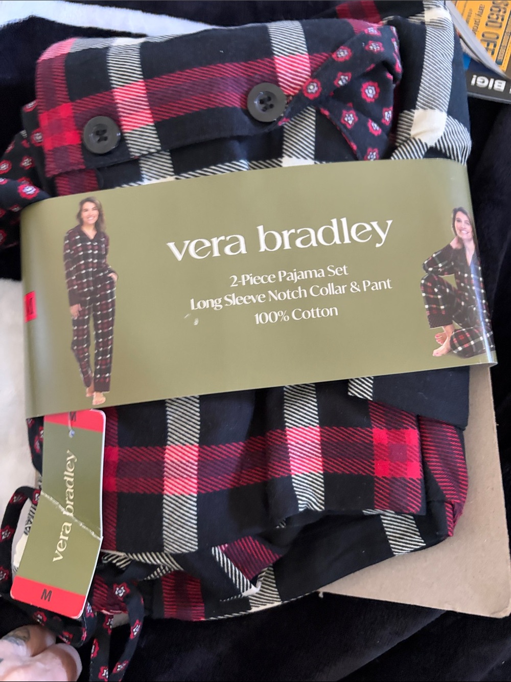 Vera Bradley Black, Red & Cream Plaid 2-Piece Pajama Set